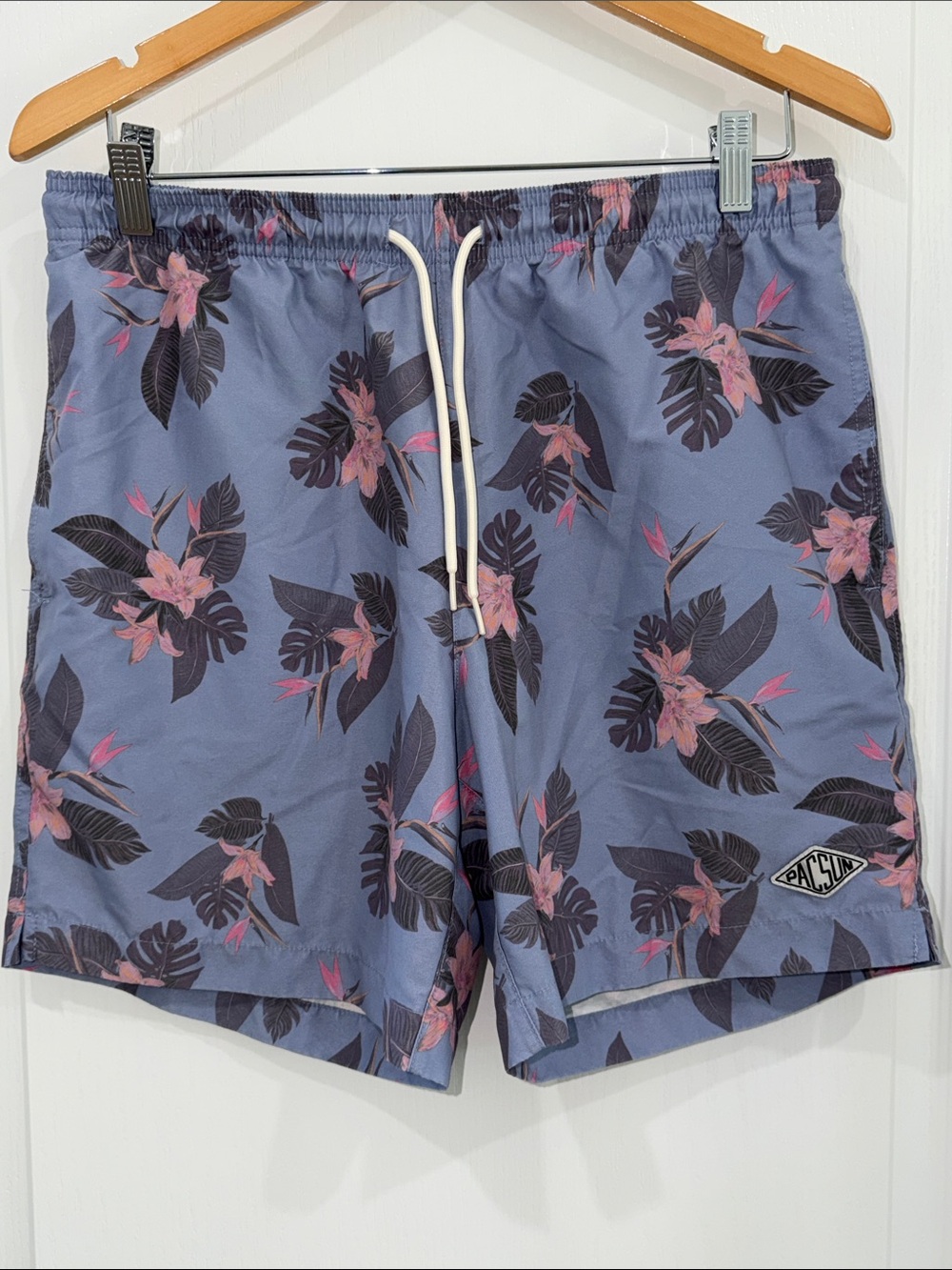 PacSun Blue Swim Shorts with Pink Floral Print size medium drawstring waist